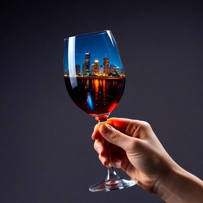 Hand holding wine glass with city skyline