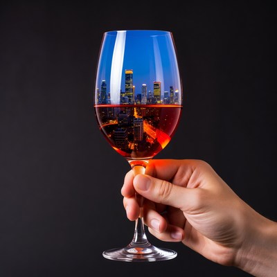 Hand Holding Wine Glass with City Skyline