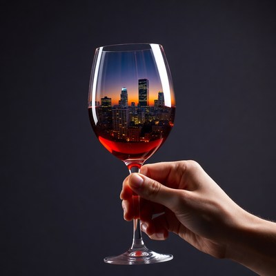 Hand Holding Red Wine Glass with City Skyline