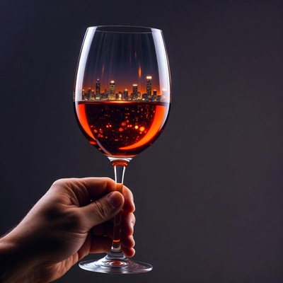 Hand holding wine glass with city skyline