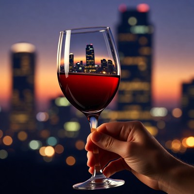 Hand Holding Wine Glass with City Skyline