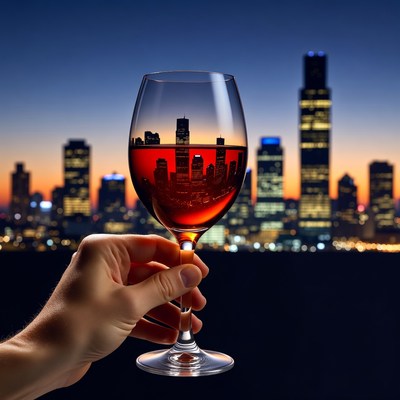 Hand holding red wine glass with city skyline reflection