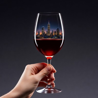 Hand Holding Wine Glass with City Skyline