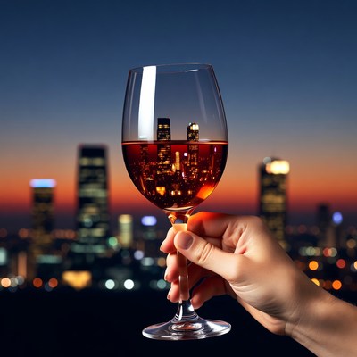 Hand Holding Wine Glass with City Skyline Reflection