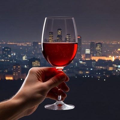 Hand holding red wine glass with city skyline