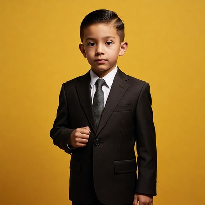 Young boy in suit on yellow background