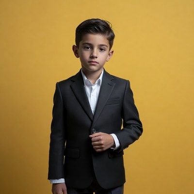 Young boy in black suit