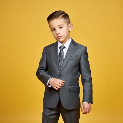 Boy in gray suit on yellow background