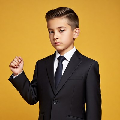 Boy in suit making fist