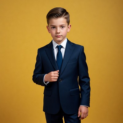 Boy in navy suit on yellow background