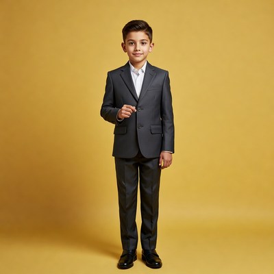 Young boy in suit on yellow background