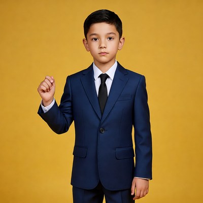 Asian boy in navy suit raising fist