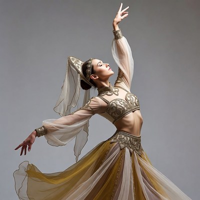 Woman in gold belly dance pose