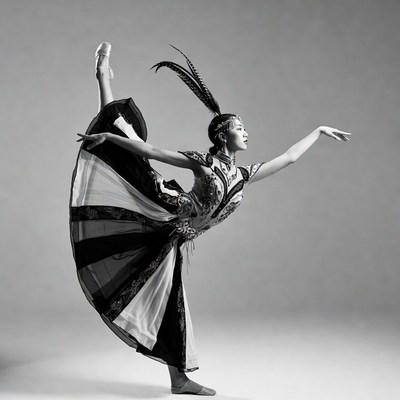 Asian ballerina in feathered headdress splits