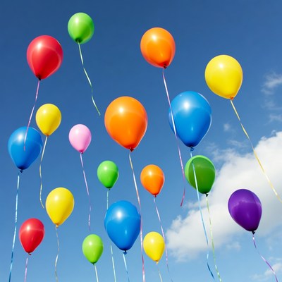 Colorful Balloons Floating in Blue Sky