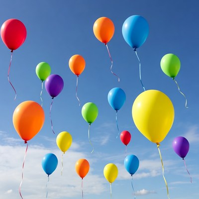 Colorful Balloons Floating in Blue Sky