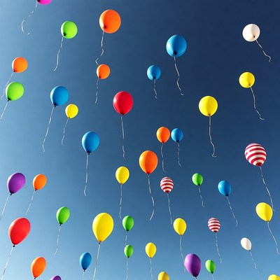 Colorful Balloons Floating in Blue Sky
