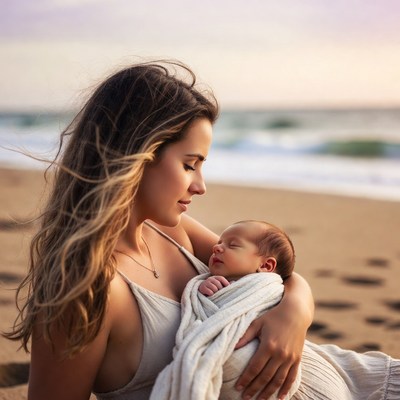Mother holding newborn baby on beach