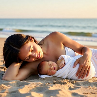 Mother cradling newborn on beach