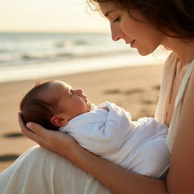 Mother holding newborn baby on beach