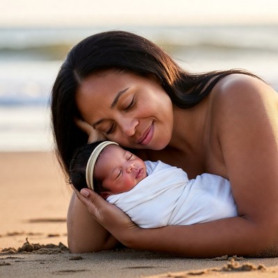 Mother cradling newborn baby on beach