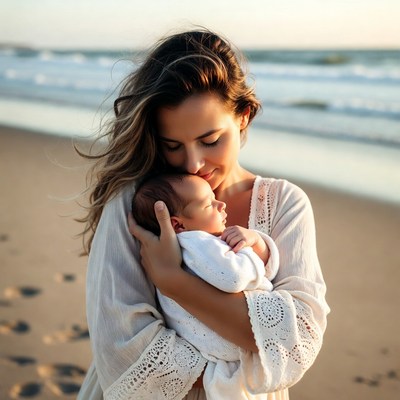 Mother holding newborn baby on beach