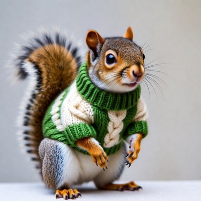 Squirrel wearing green sweater