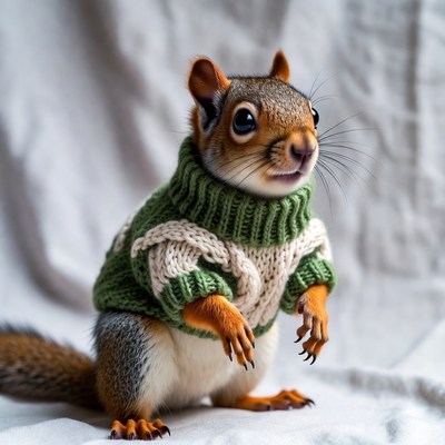 Squirrel wearing green sweater