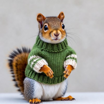 Squirrel wearing green sweater