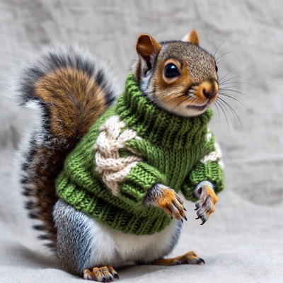 Squirrel wearing green sweater
