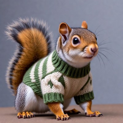 Squirrel Wearing Green Striped Sweater
