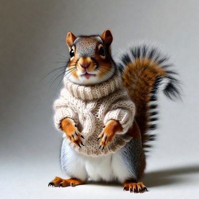 Squirrel wearing cream sweater