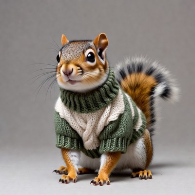 Squirrel wearing green sweater