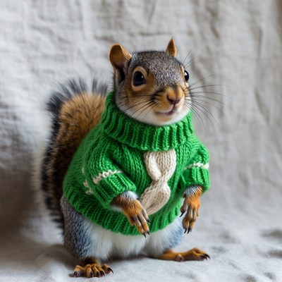 Squirrel wearing green sweater