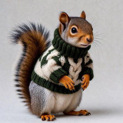 Squirrel wearing green sweater