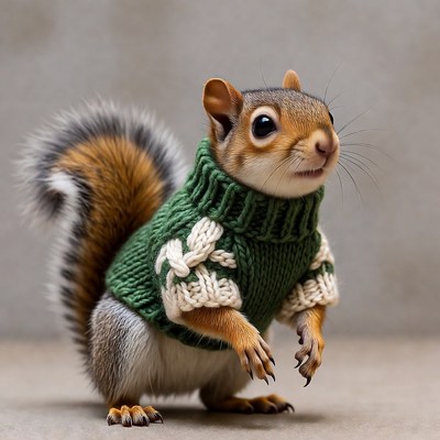 Squirrel wearing green sweater