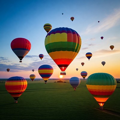 Colorful Hot Air Balloons Over Green Field