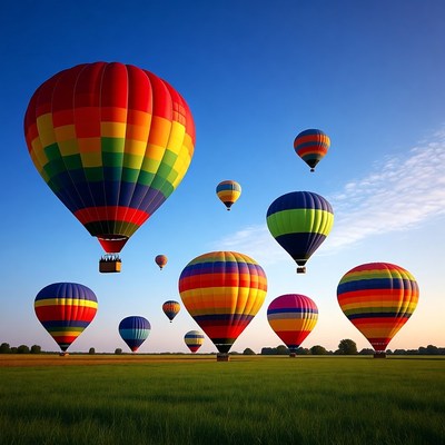 Colorful Hot Air Balloons Over Green Field