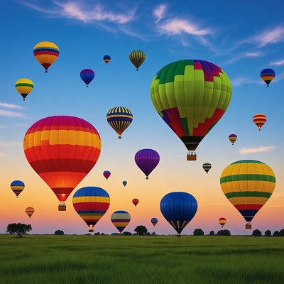 Colorful Hot Air Balloons Over Green Field
