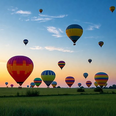Colorful Hot Air Balloons Over Green Field