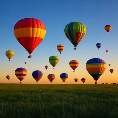 Colorful Hot Air Balloons Over Green Field