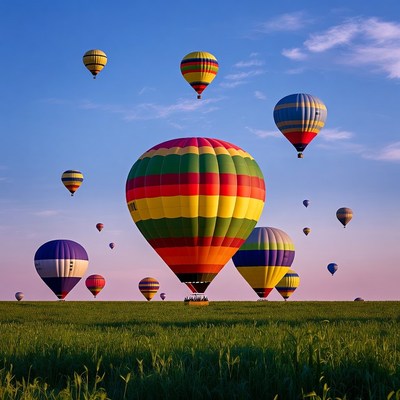 Colorful Hot Air Balloons Over Green Field