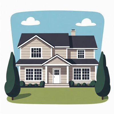 Illustrated Suburban House with Trees