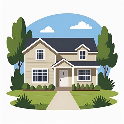 Cartoon House with Trees and Lawn