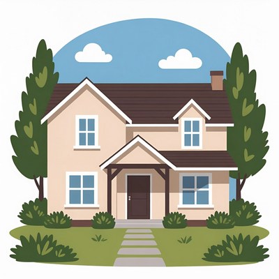 Cartoon House with Trees and Lawn