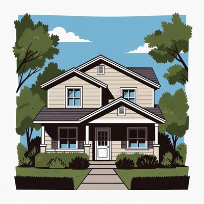 Illustrated Suburban House with Trees