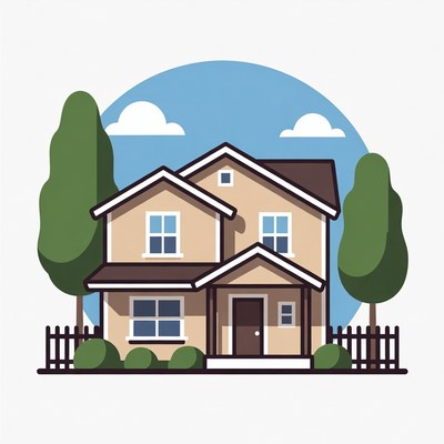 Cartoon House with Trees and Fence