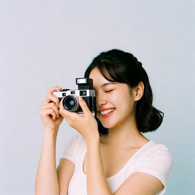 Asian woman holding vintage camera