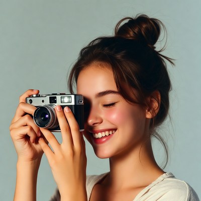 Woman holding vintage camera