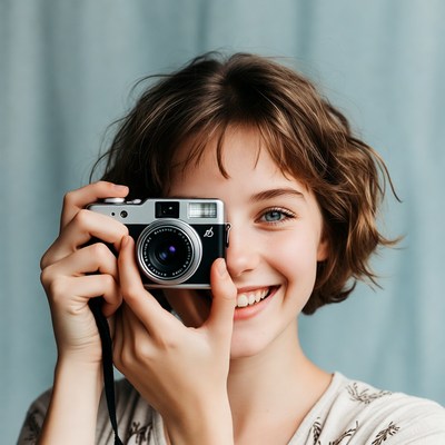 Young woman holding vintage camera